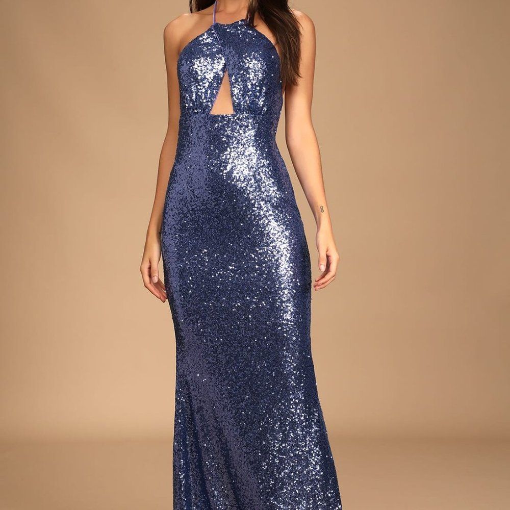 Lulus Periwinkle Sequin Halter Mermaid Maxi Dress - Size S